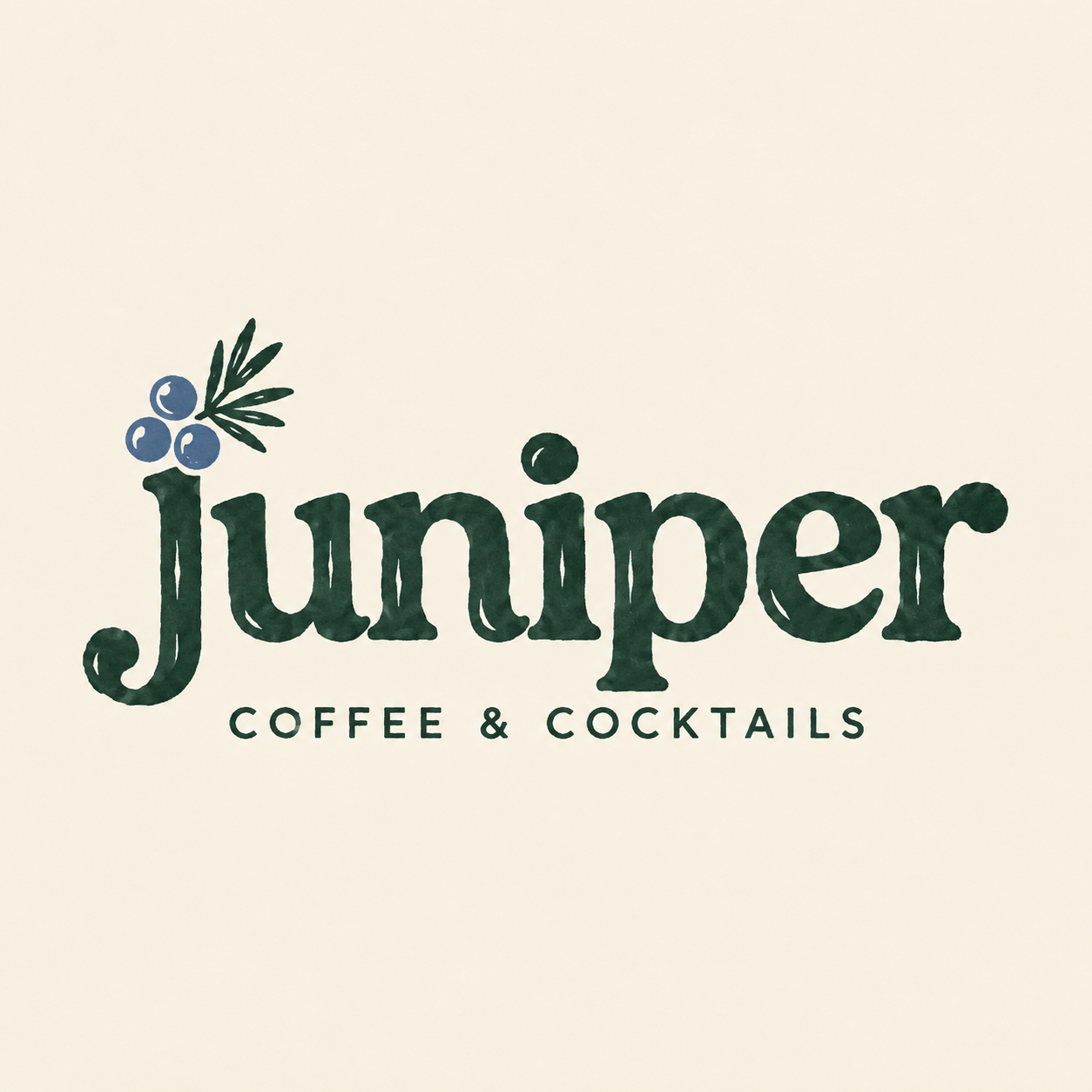 Juniper linocut wordmark with green sprig and blue berries